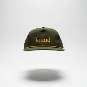 found olive rope hat front view with embroidered “found.” logo and gold rope trim